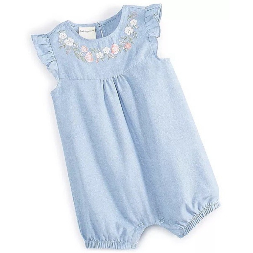 First Impressions Baby Girls 100% Cotton Chambray Flower Sunsuit NWT SIZE 6-9 Mo
